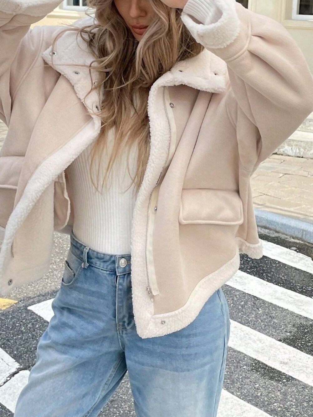 Apricot Casual Women's Loose Fit Zip-Up Collar Thermal Lined Jacket